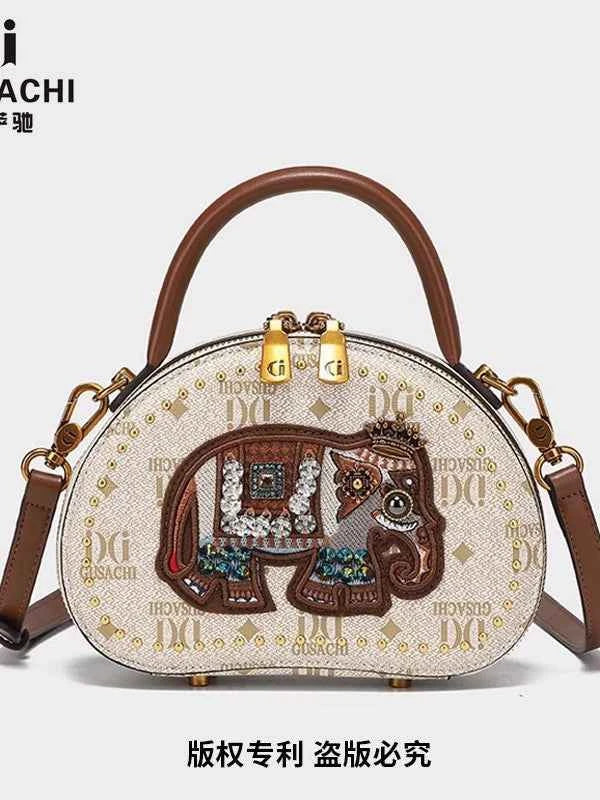 2025 Mini Square Crossbody Bag with Embroidered Elephant in Retro Color Blocking Brown and Cream PU Leather