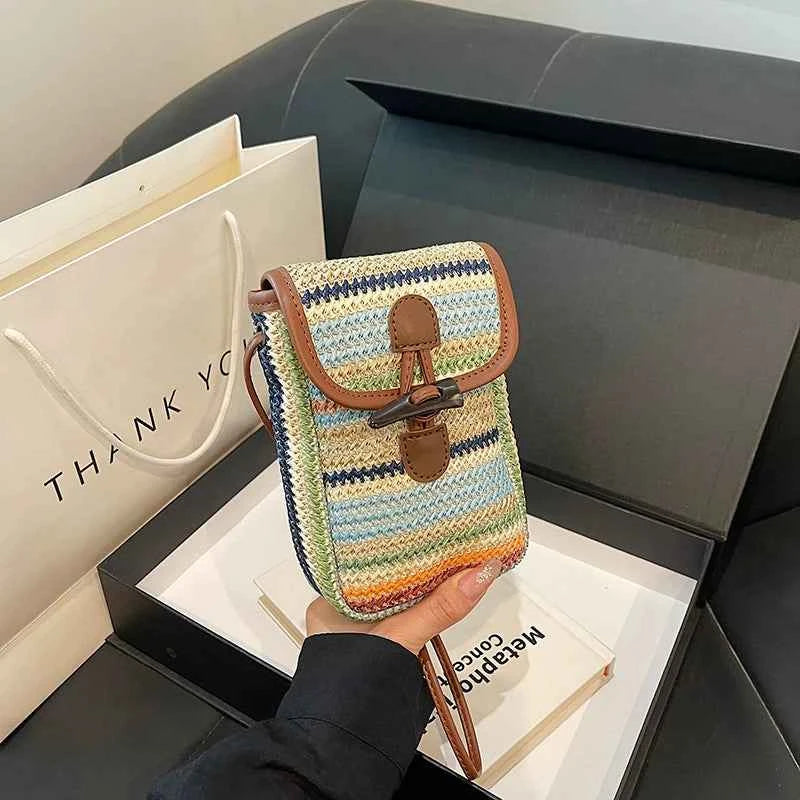 Straw Mobile Phone Bag Women's 2024 Summer New Fashion Rainbow Woven Bag Niche All-match Crossbody Small Square Bag