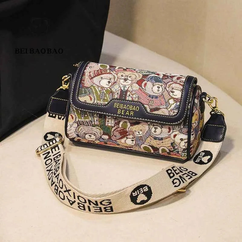 Canvas Boston Bag Crossbody For Women Cartoon Bear Design Fresh And Sweet Style Medium Size Pink Brown Navy Blue