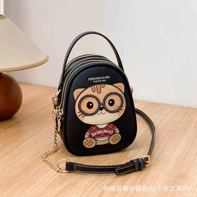 Cat Cartoon Pattern Crossbody Bag PU Leather Small Square Shoulder Bag for Women Phone Bag