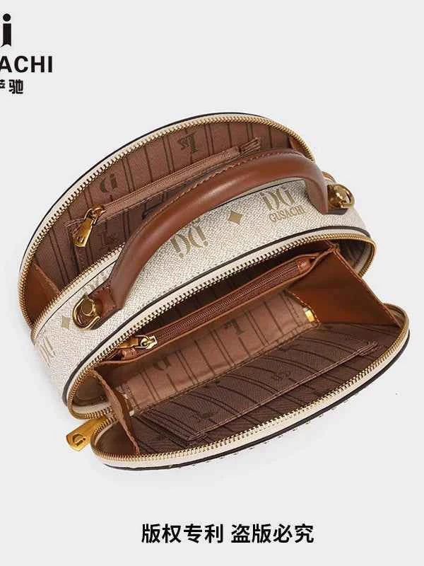 2025 Mini Square Crossbody Bag with Embroidered Elephant in Retro Color Blocking Brown and Cream PU Leather