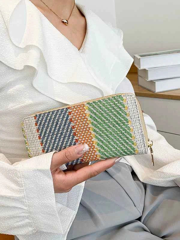 2025 New Korean Style Women's Wallet Linen Long Contrast Color Clutch Large Capacity Card Bag Wallet Coin Purse