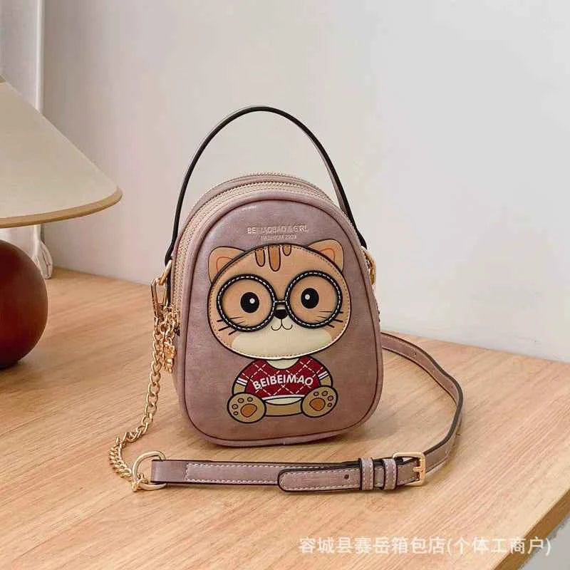 Cat Cartoon Pattern Crossbody Bag PU Leather Small Square Shoulder Bag for Women Phone Bag