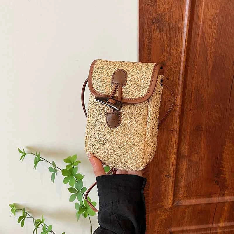 Straw Mobile Phone Bag Women's 2024 Summer New Fashion Rainbow Woven Bag Niche All-match Crossbody Small Square Bag