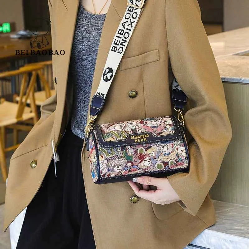 Canvas Boston Bag Crossbody For Women Cartoon Bear Design Fresh And Sweet Style Medium Size Pink Brown Navy Blue