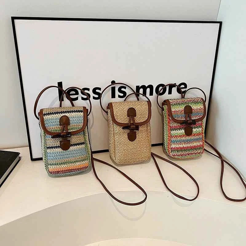 Straw Mobile Phone Bag Women's 2024 Summer New Fashion Rainbow Woven Bag Niche All-match Crossbody Small Square Bag
