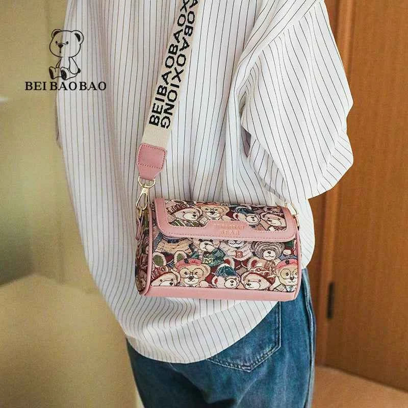 Canvas Boston Bag Crossbody For Women Cartoon Bear Design Fresh And Sweet Style Medium Size Pink Brown Navy Blue