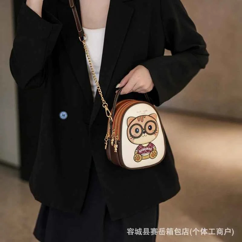 Cat Cartoon Pattern Crossbody Bag PU Leather Small Square Shoulder Bag for Women Phone Bag