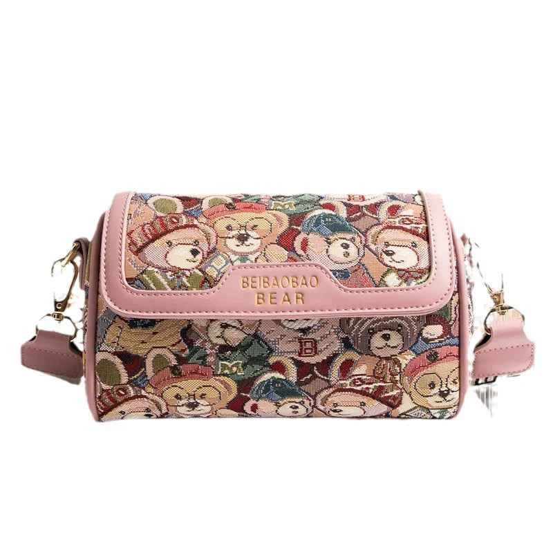 Canvas Boston Bag Crossbody For Women Cartoon Bear Design Fresh And Sweet Style Medium Size Pink Brown Navy Blue