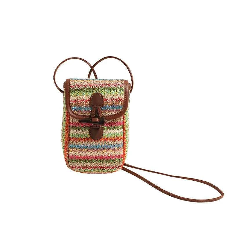 Straw Mobile Phone Bag Women's 2024 Summer New Fashion Rainbow Woven Bag Niche All-match Crossbody Small Square Bag