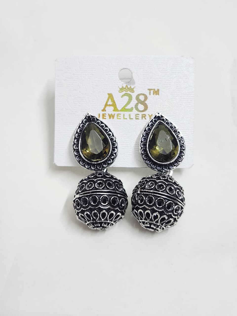 Oxidized Jhumka Earrings with Teardrop Stone