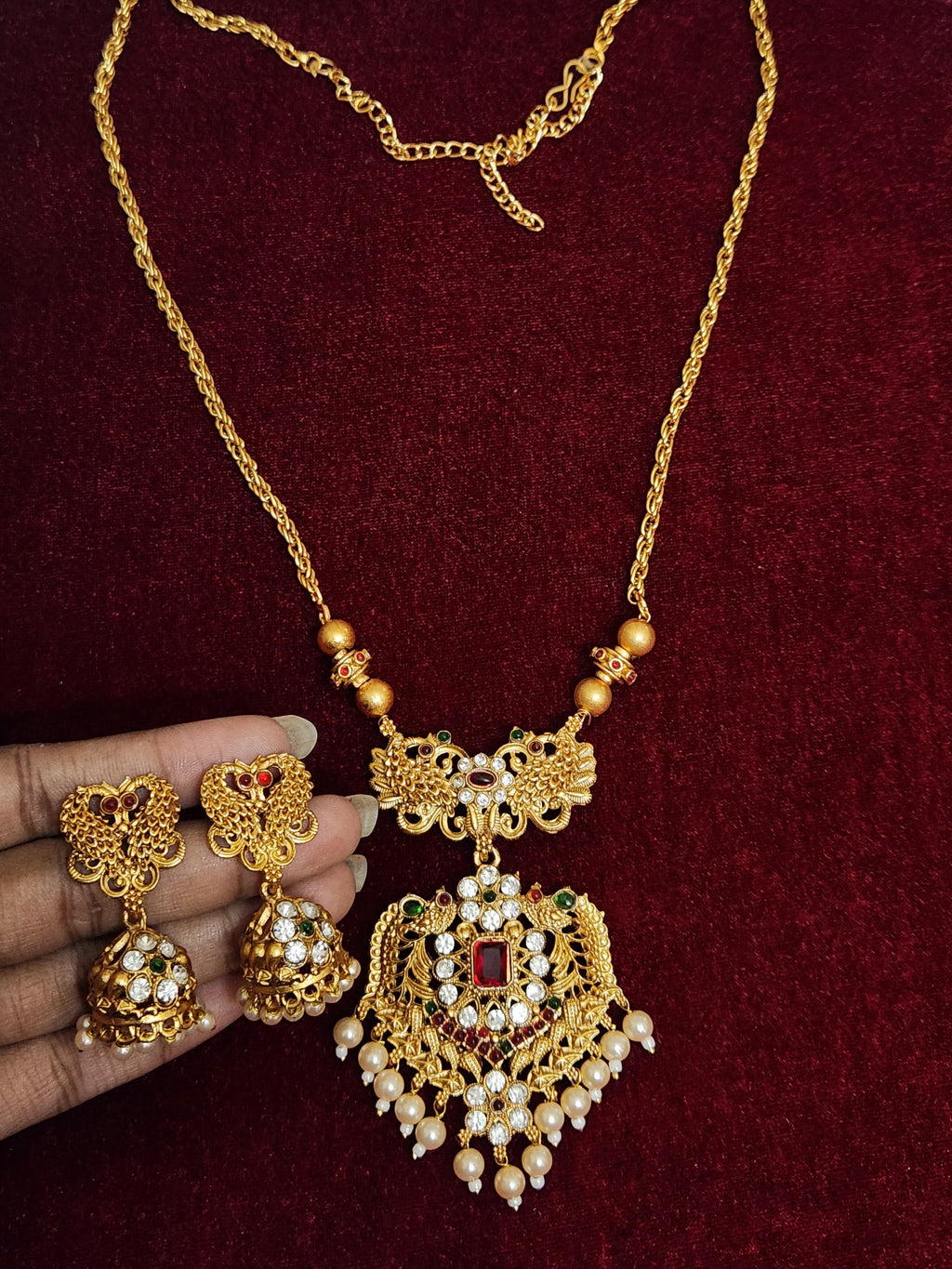 Royal Antique Gold Necklace Set with Jhumka Earrings