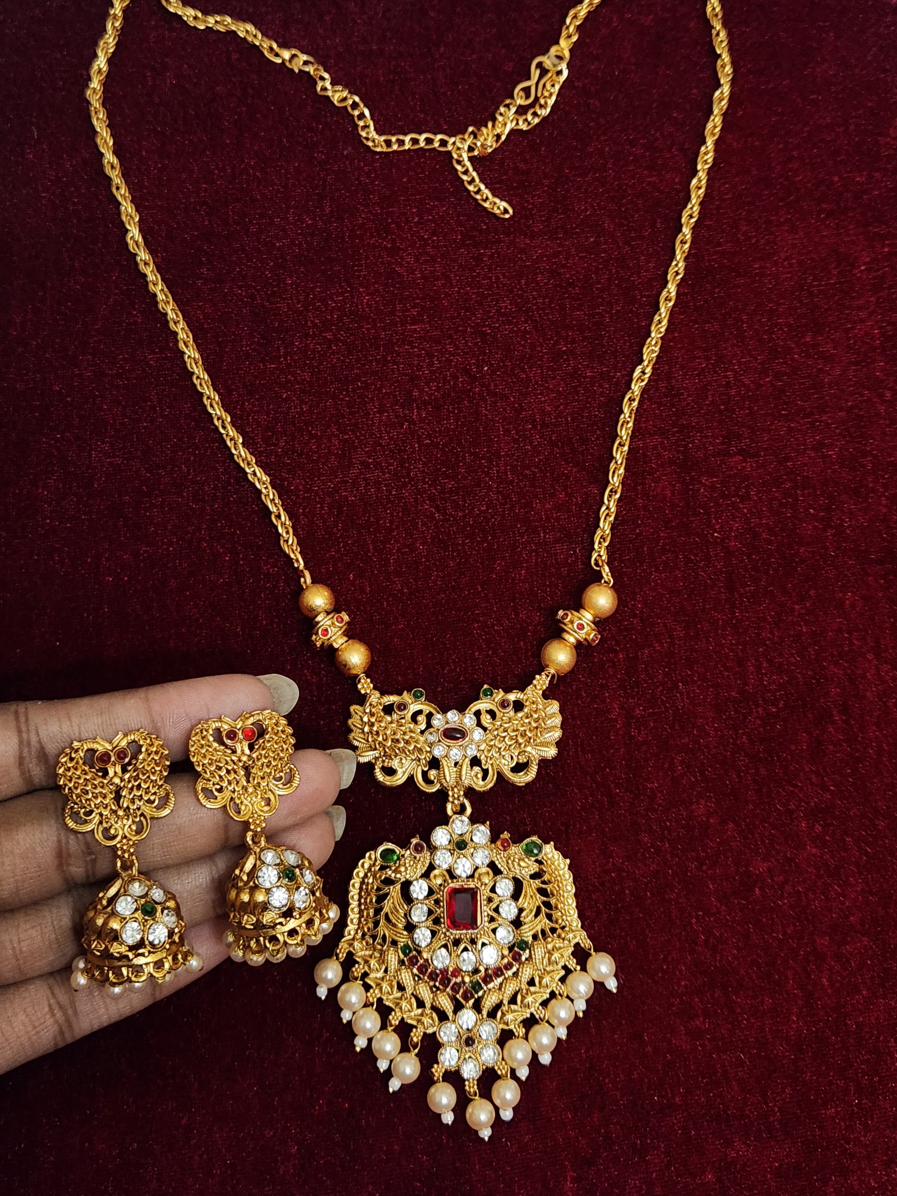 Royal Antique Gold Necklace Set with Jhumka Earrings