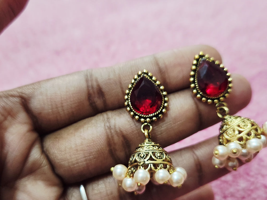 Royal Maroon Drop Necklace Set with Pearl