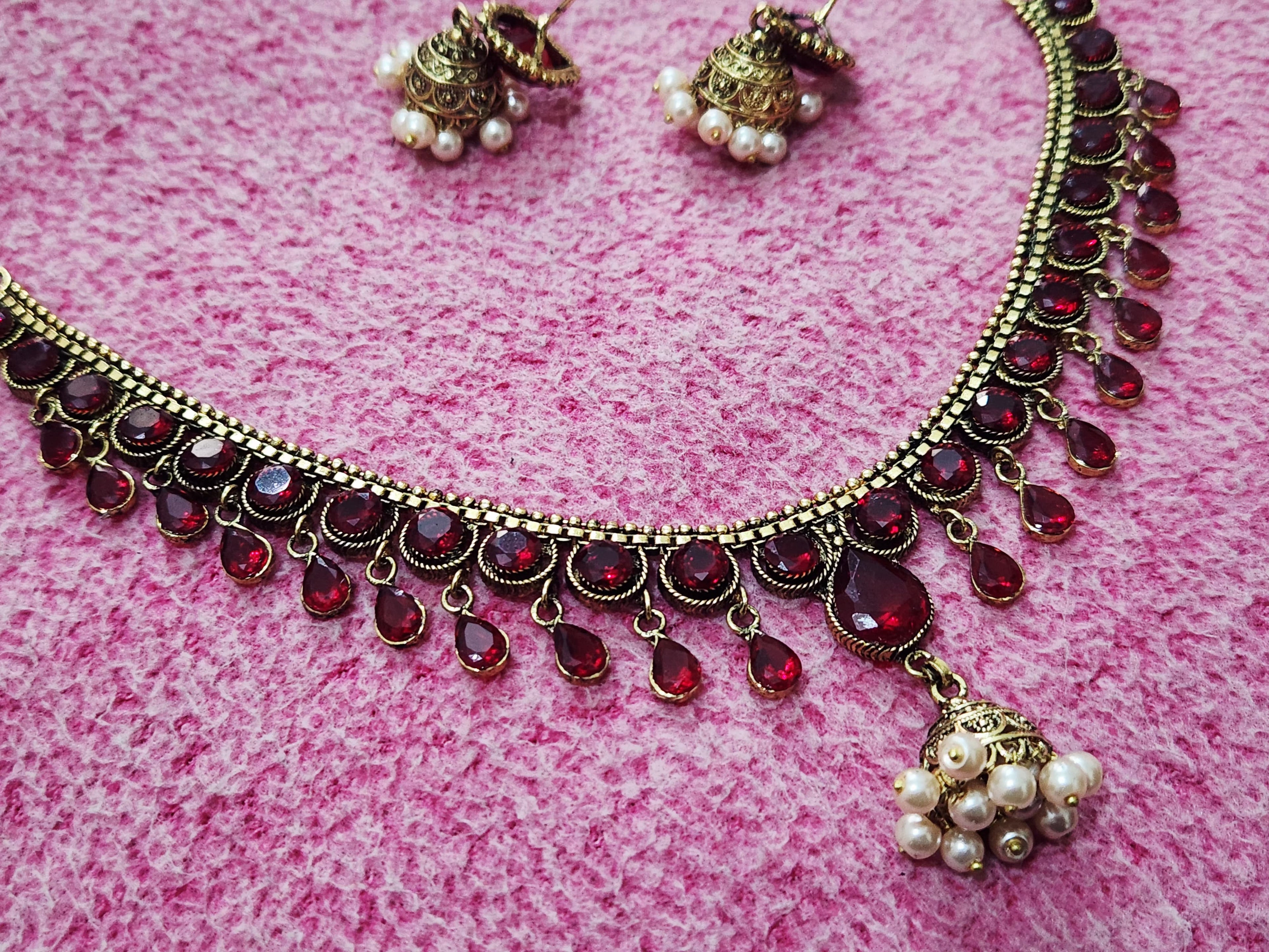 Royal Maroon Drop Necklace Set with Pearl