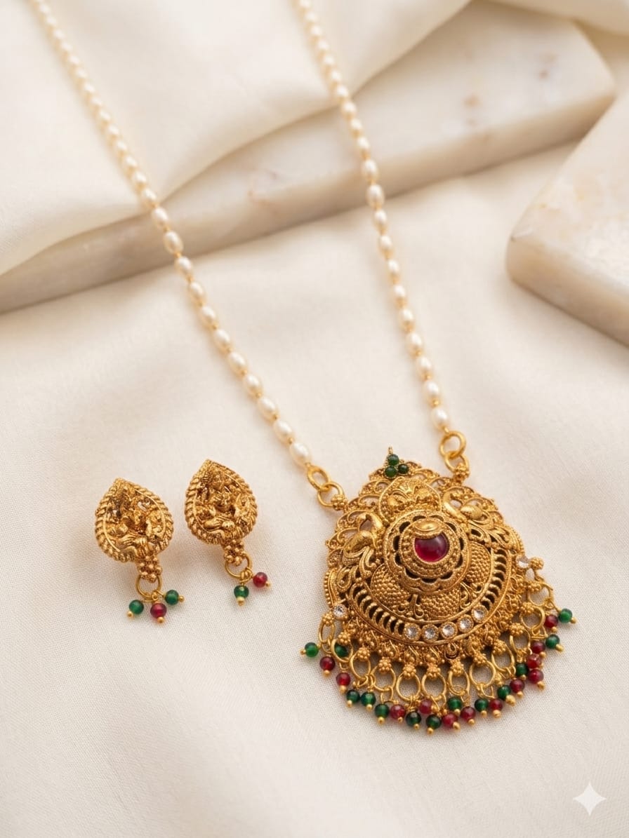 Pearl Chain Temple Necklace Set