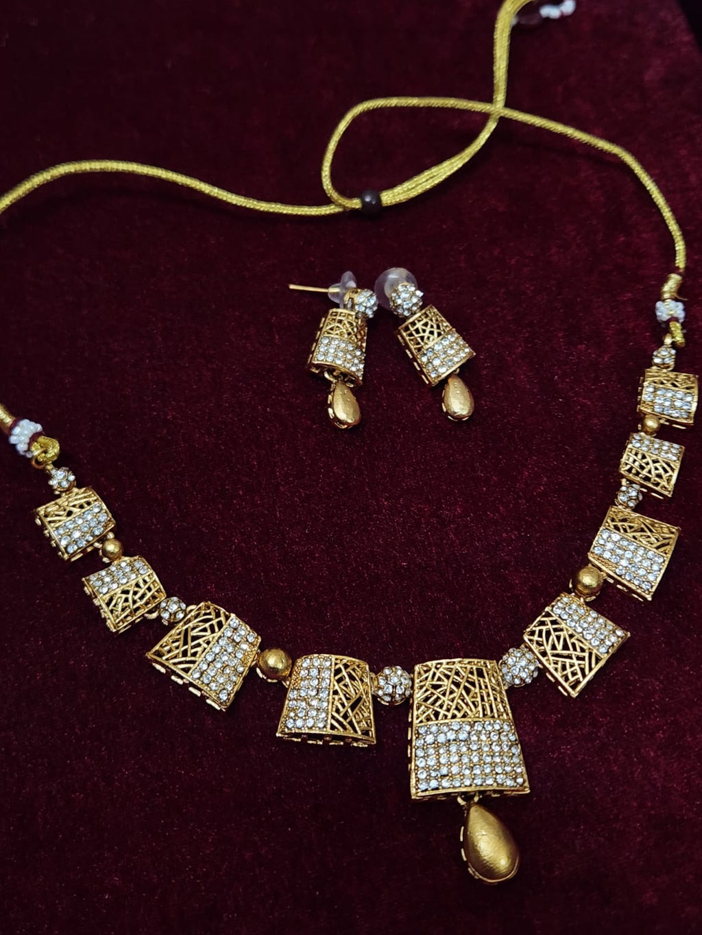 South Indian Geometric Lattice Gold-Plated Necklace Set