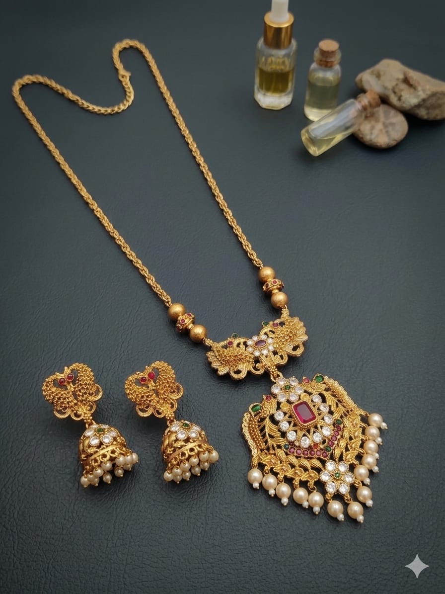 Royal Antique Gold Necklace Set with Jhumka Earrings