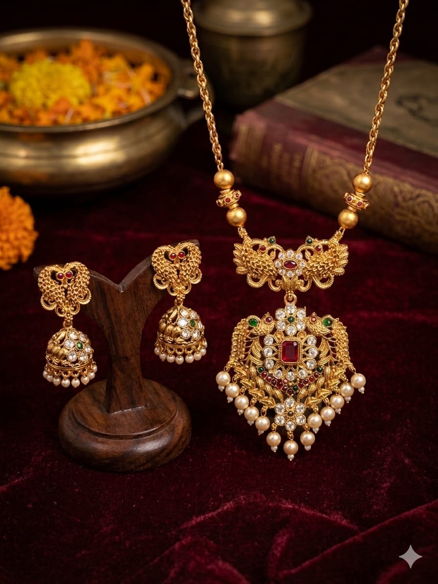 Royal Antique Gold Necklace Set with Jhumka Earrings
